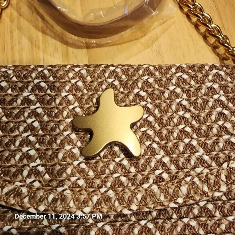 Unbranded Womens Woven Paper Straw Clutch Gold Chain Removable Strap w/Star Logo - Picture 2 of 8